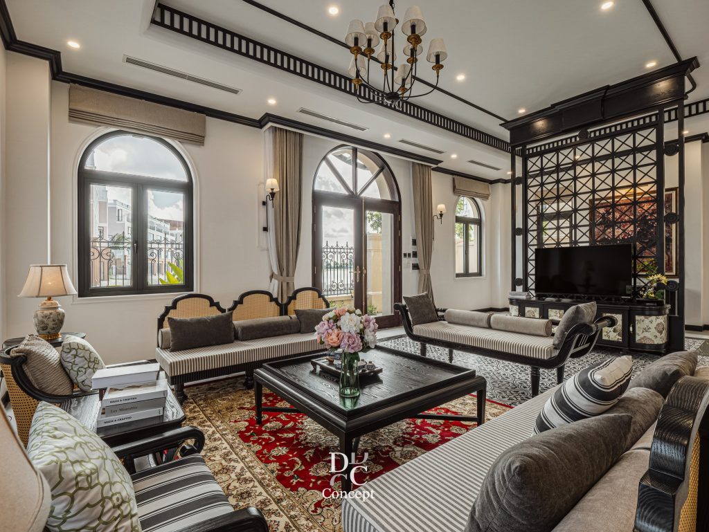 Phòng khách phong cách Indochine tại dự án 145 Vũ Yên – thiết kế bởi DC CONCEPT