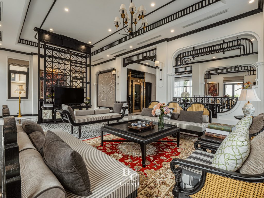 Phòng khách phong cách Indochine tại dự án 145 Vũ Yên – thiết kế bởi DC CONCEPT