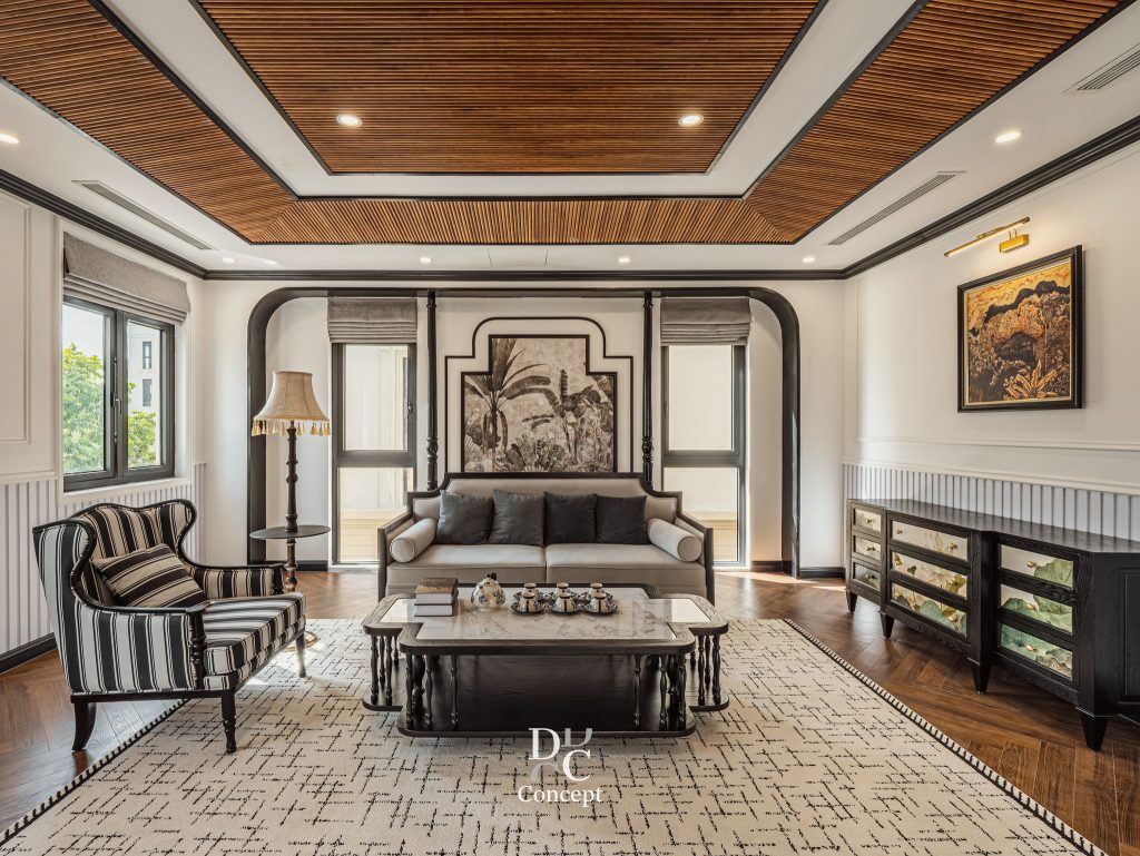 Phòng khách phong cách Indochine tại dự án 145 Vũ Yên – thiết kế bởi DC CONCEPT