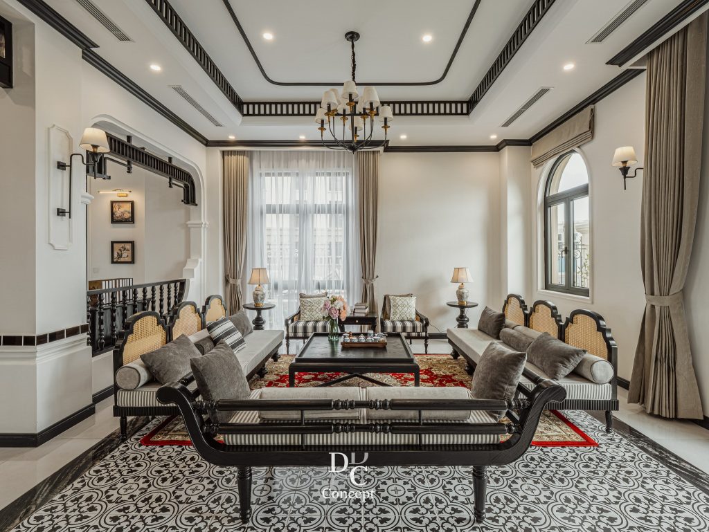 Phòng khách phong cách Indochine tại dự án 145 Vũ Yên – thiết kế bởi DC CONCEPT