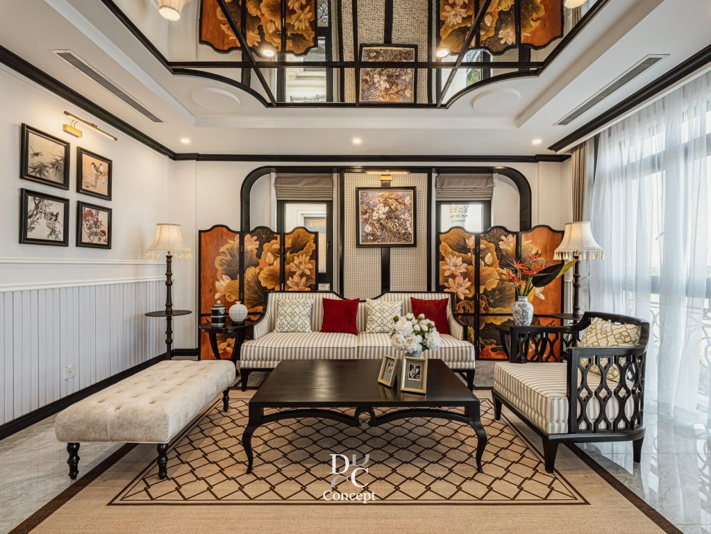 Phòng khách phong cách Indochine tại dự án 145 Vũ Yên – thiết kế bởi DC CONCEPT